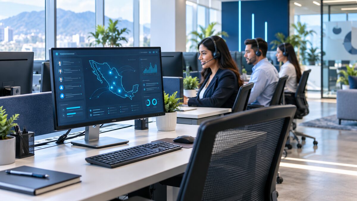 Ilustración de estaciones de contact center con equipos de cómputo y agentes de atención.